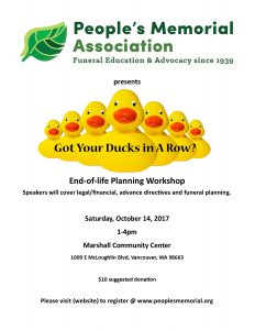 "Got Your Ducks in a Row?" End of Life Planning Workshp @ Marshall Community Center | Vancouver | Washington | United States