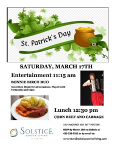 St. Patrick's Day Entertainment, Lunch and Tour @ Solstice Senior Living at Renton | Renton | Washington | United States