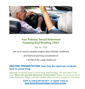 Your Pathway Toward Retirement Featuring Brad Breeding, CPA @ Dallas Retirement Village, Lodge Clubhouse