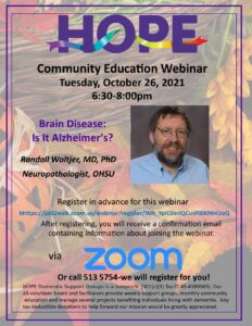 HOPE Community Education - Brain Disease: Is It Alzheimer's? @ Webinar via Zoom